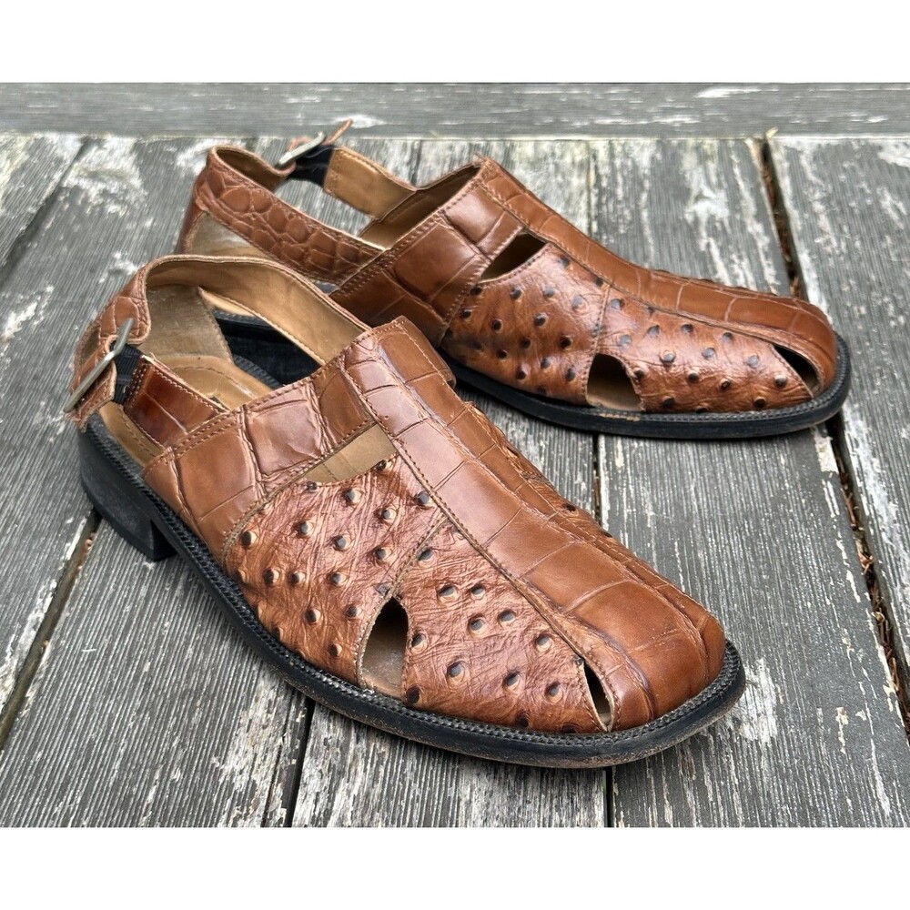 Stacy Adams Brown Embossed Leather City Sandals Leather Shoes 7.5 M Ostrich